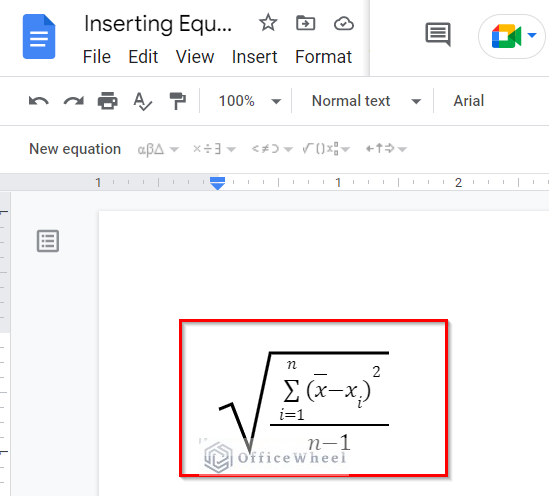 Typing the Standard Deviation Equation using features of Equation Tool in Google Docs