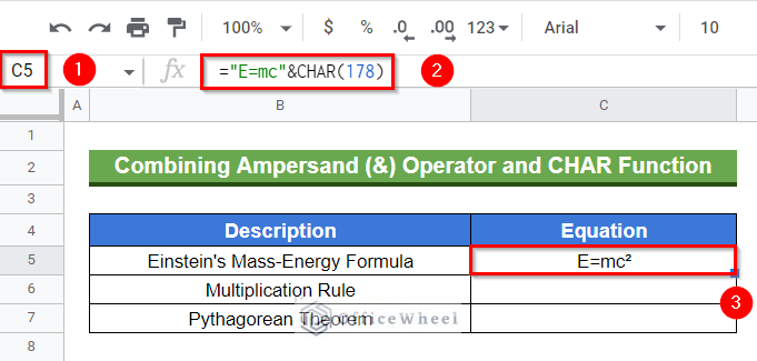 Applying a combination of Ampersand operator and CHAR function to insert equation in Google Sheets