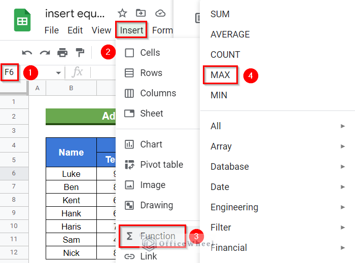 Selecting function from Insert ribbon