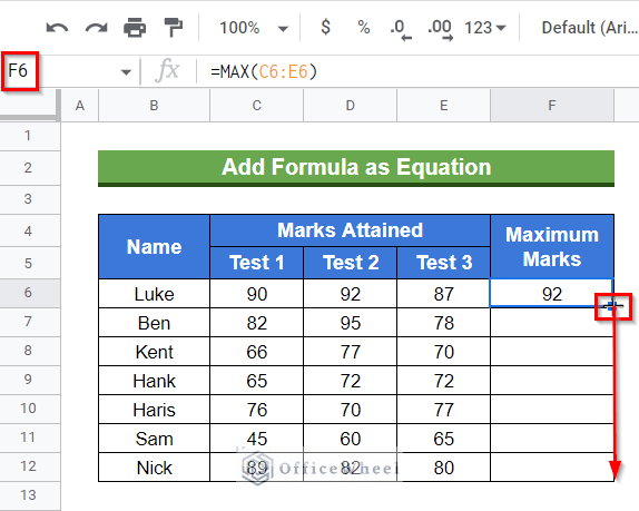 Using the Fill Handle tool to copy the formula to other cells