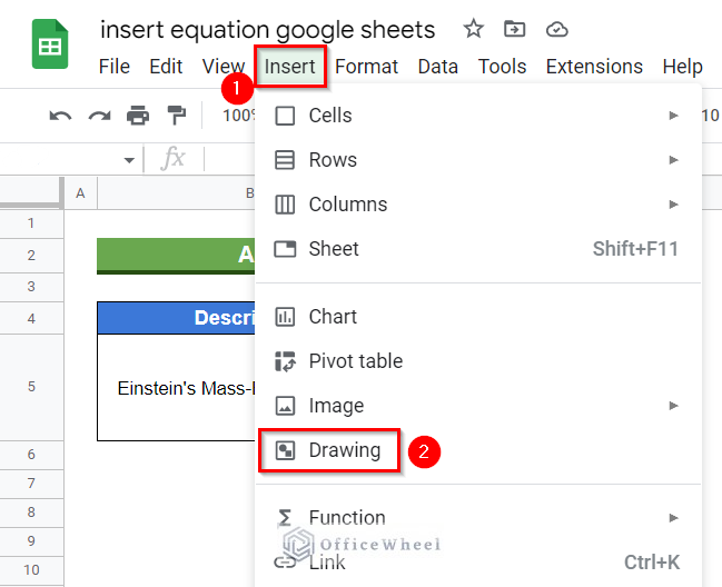 Selecting Drawing feature from Insert ribbon
