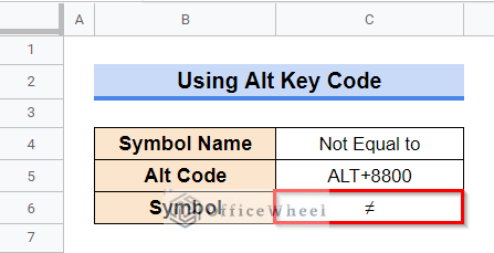 Insert Not Equal to Symbol using Keyboard Shortcut in Google Sheets