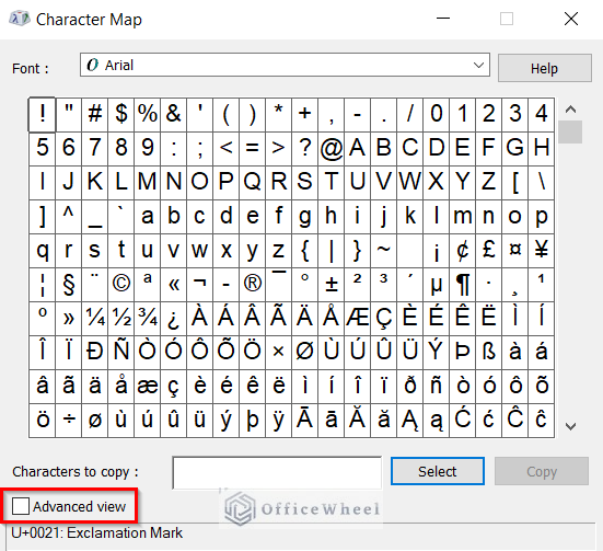 Checking the Advanced Now Tool for Accessing More Options in Character Map