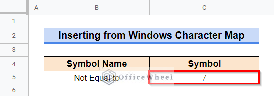 Finally, Insert Not Equal to Symbol in Required Cell of Google Sheets File