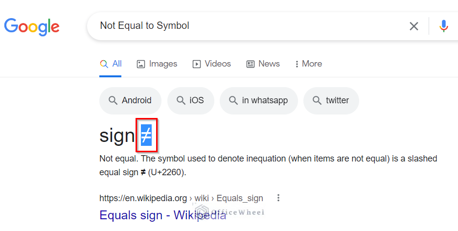 Copying Not Equal to Symbol from Google Search results