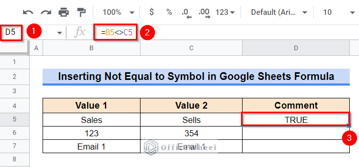 Check Whether Two Cells are Unequal or Not by Inserting a Not Equal to Operator in the Formula