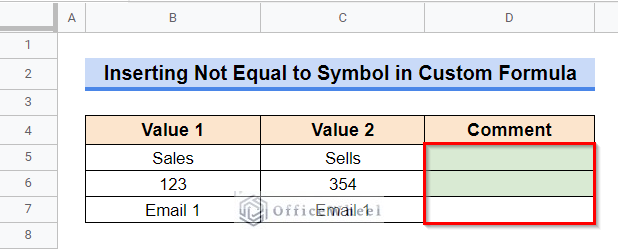 Final Result of the Example to Insert Not Equal to Symbol in Google Sheets Conditional Formatting