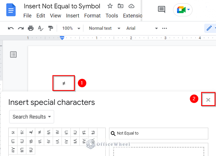 Inserting Not Equal to Symbol in Google Docs File