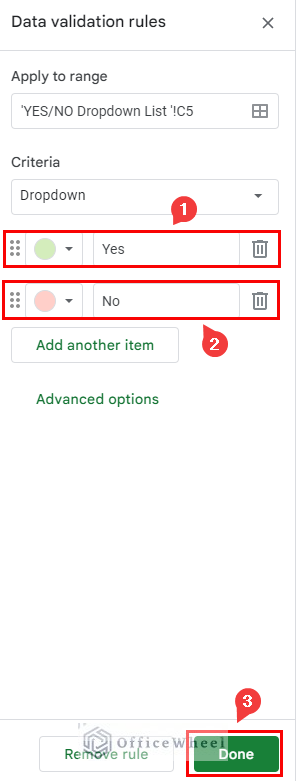 Yes No option selection on Data validation rules window