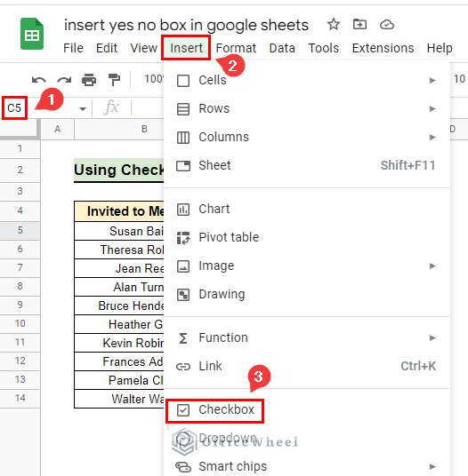Inserting yes no Checkbox from menu bar in Google Sheets