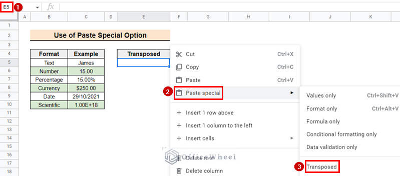 Selecting option to paste as transformed form