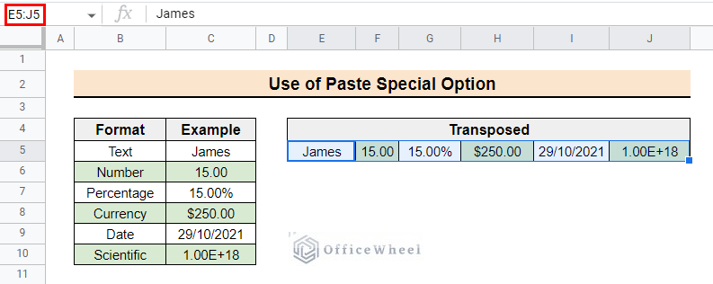 Output of selecting option Transposed