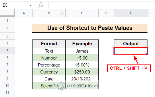 Pasting the copied data using the shortcut for pasting values only