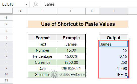 The output of paste values only shortcut