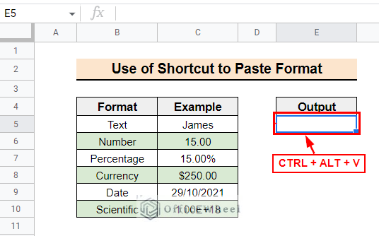 Selecting a cell and pasting the format using a shortcut