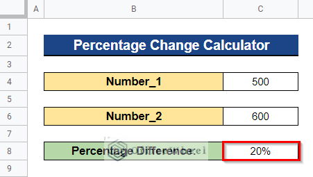 Output after Calculating Percentage Difference Between Two Numbers in Google Sheets