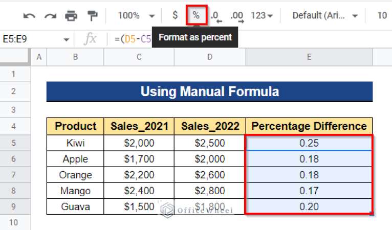 Calculate Percentage Difference Between Two Numbers in Google Sheets