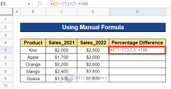 Using Manual Formula to Calculate Percentage Difference Between Two Numbers in Google Sheets