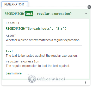 Syntax of REGEXMATCH Function in Google Sheets