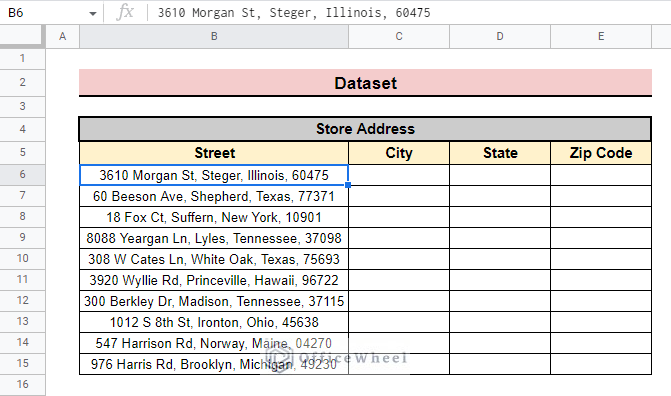 dataset for splitting Address in Google Sheets
