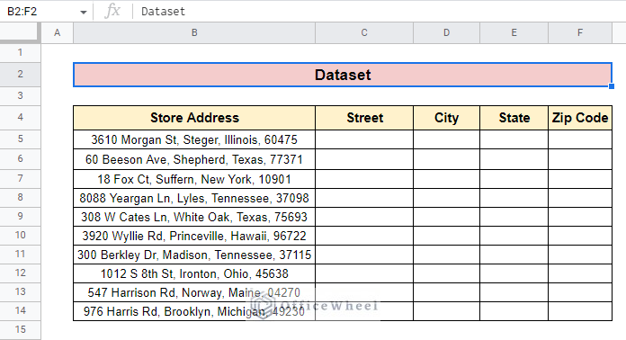 datset used to split address using split and arrayformula function with query function in google sheets