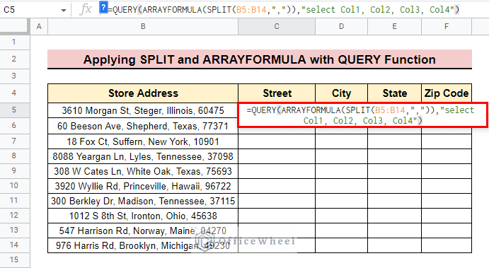 final formula to use split and arrayformula with query function to split address