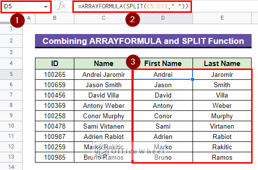 Combining ARRAYFORMULA and SPLIT Functions to SPLIT text to columns in google sheets