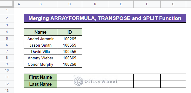 Merging ARRAYFORMULA, TRANSPOSE and SPLIT Functions in google sheets to separate texts