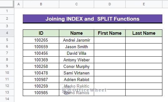 dataset to Join INDEX and  SPLIT Functions in google sheets