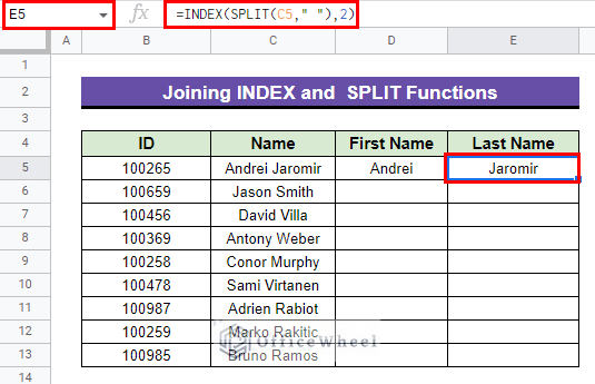 Joining INDEX and  SPLIT Functions to separate texts in google sheets