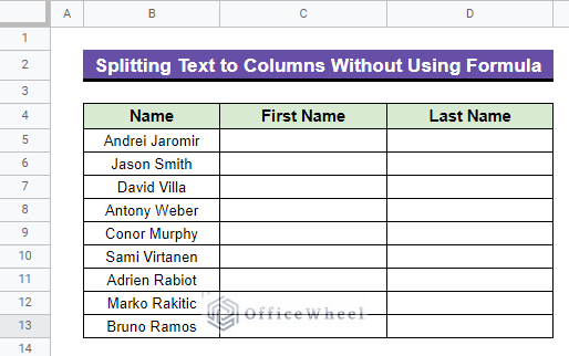 Dataset to Split Text to Columns Without Using Formula in Google Sheets