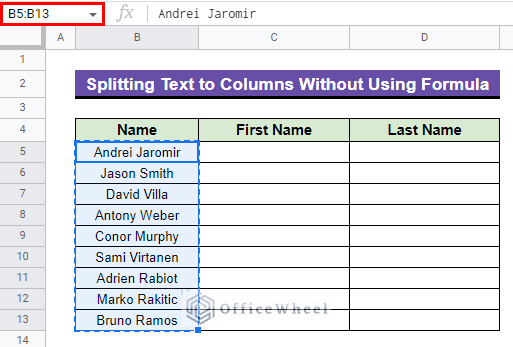 Copying cell ranges of texts to split them without formulas in google sheets