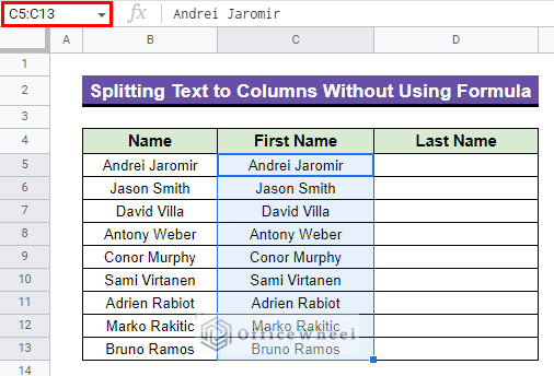pasting the copied data in a specific cell range to split them