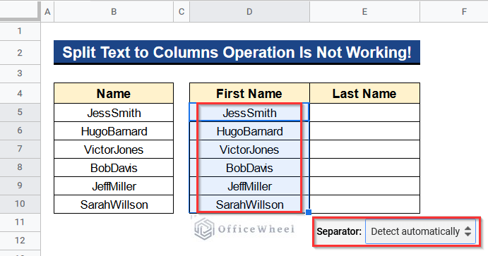 Dataset of Split Text to Columns Operation Is Not Working in Google Sheets