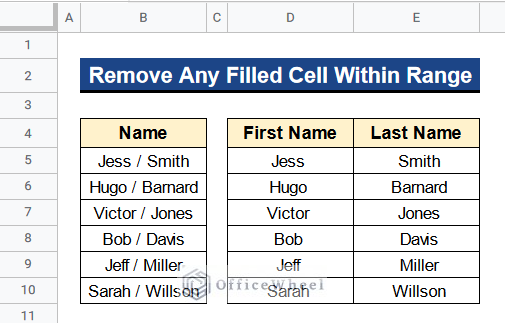 Output by Removing Any Value Within Range When Split Text to Columns Operation Is Not Working in Google Sheets