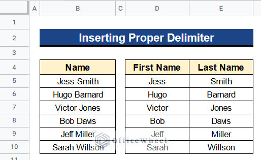 Output by Using Proper Delimiter When Split Text to Columns Operation Is Not Working in Google Sheets