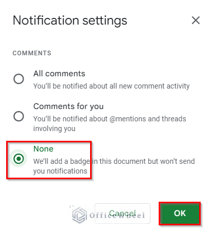 Select None to Turn Off Comment Notifications in Google Sheets