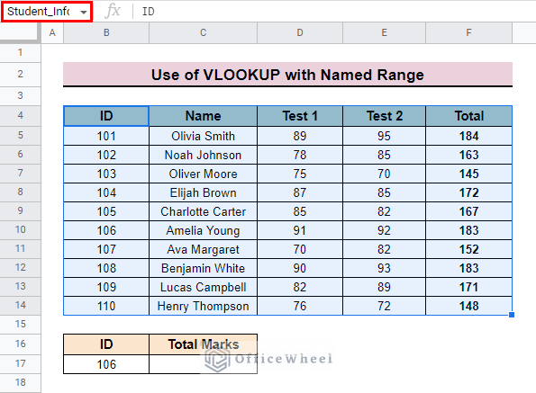 select range to use vlookup with named range in the same sheet in google sheets