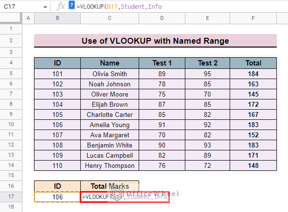 insert named range use with vlookup with named range in google sheets