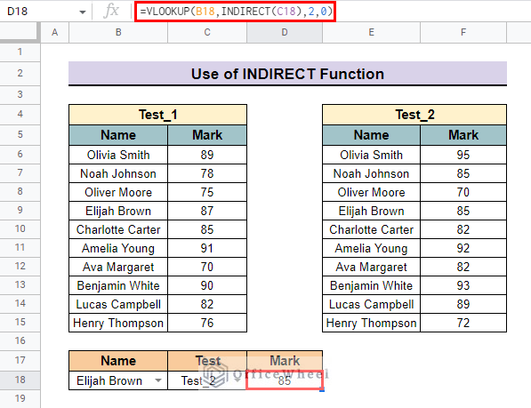 final result after using vlookup and indirect function with named range