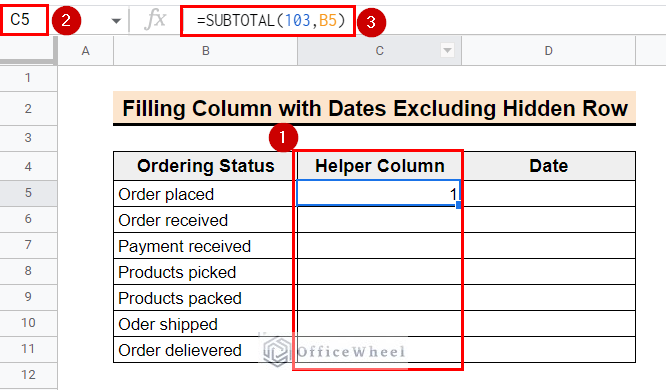 inserting formula with SUBTOTAL function in the helper column 