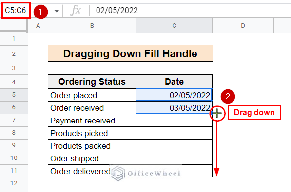 dragging down the fill handle tool to fill column with dates in Google sheets