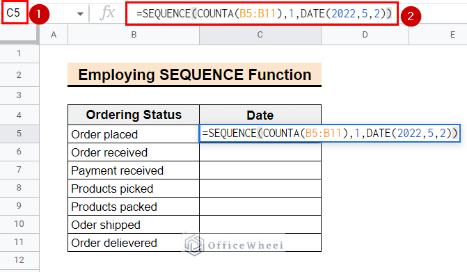inputting formula using the SEQUENCE function to fill column with dates in google sheets