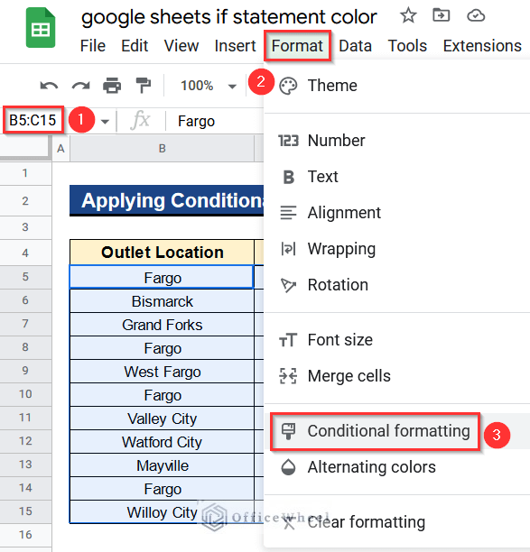 Opening Conditional Formatting Feature to Apply Conditional Formatting Based on Another Cell in Google Sheets