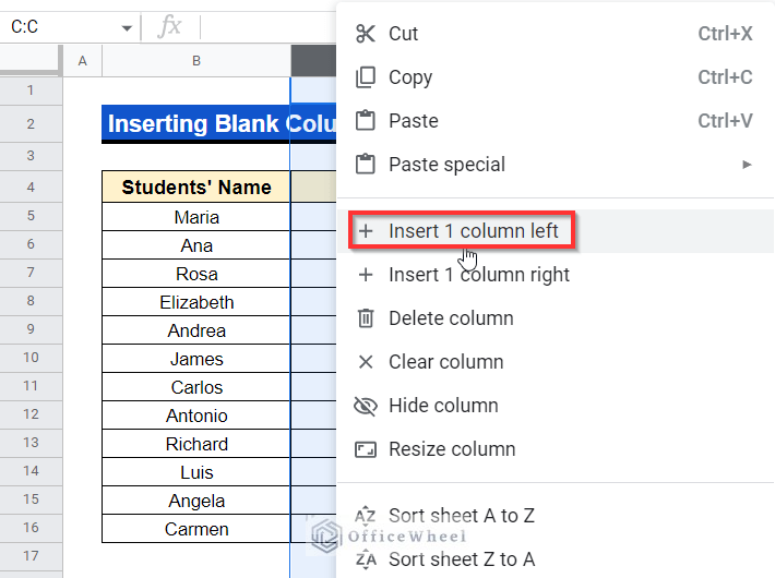 Right-click on column to insert blank column to the left or right side of the right-clicked column