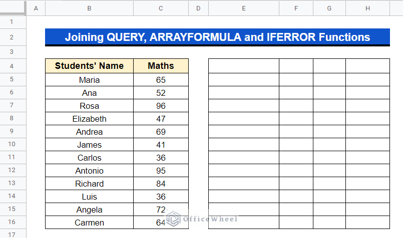 dataset to describe method of inserting blank column by Joining QUERY, ARRAYFORMULA and IFERROR Functions in google sheets