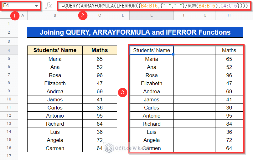 Output after Joining QUERY, ARRAYFORMULA and IFERROR Functions 