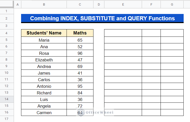 dataset to describe method of inserting blank column by Combining INDEX, SUBSTITUTE and QUERY Functions in google sheets