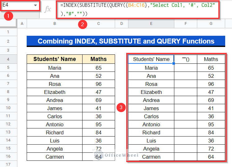 output after Combining INDEX, SUBSTITUTE and QUERY Functions 