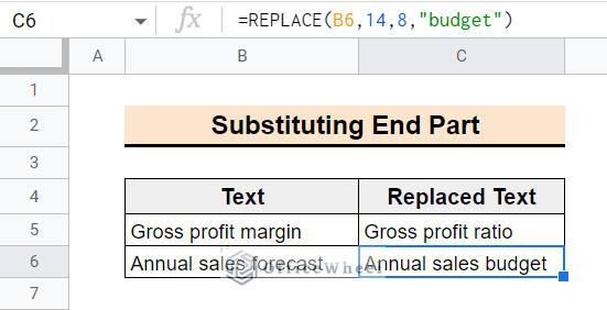 result of using the replace function in google sheets to substitute end part